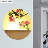 Chinese Style Wood Round Bird And Tree Led Acrylic Wall Light - Ideal Bedside Lighting