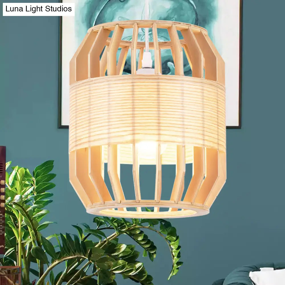 Chinese Wood Barrel Ceiling Lamp 1 Head Beige Hanging Light Fixture For Living Room 9/13 Wide