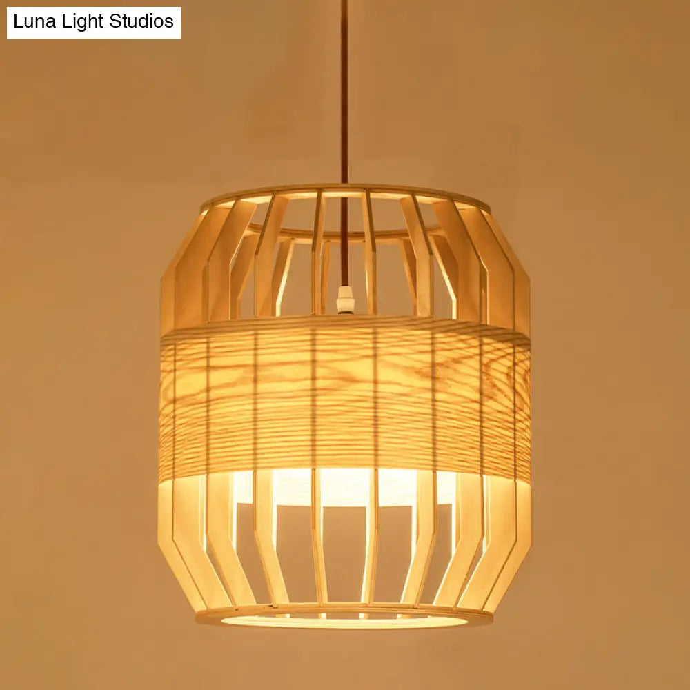 Chinese Wood Barrel Ceiling Lamp 1 Head Beige Hanging Light Fixture For Living Room 9/13 Wide