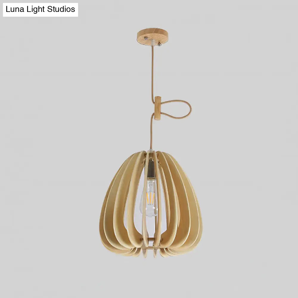 Chinese Wood Jar Hanging Pendant Light - 1 Head Beige Fixture For Living Room