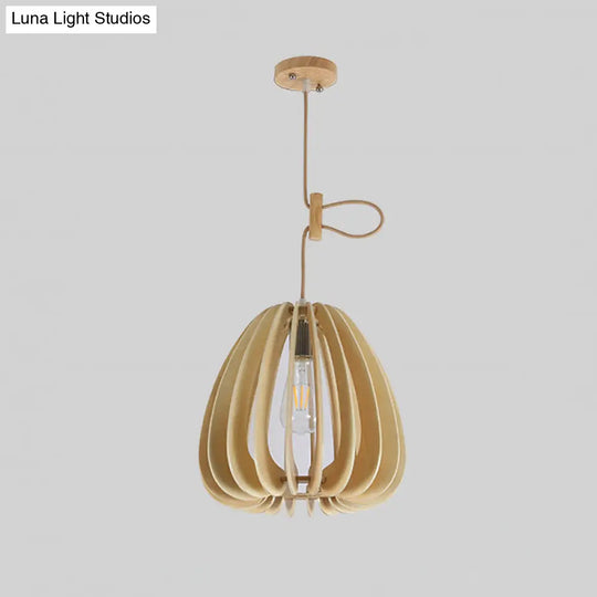 Chinese Wood Jar Hanging Pendant Light - 1 Head Beige Fixture For Living Room