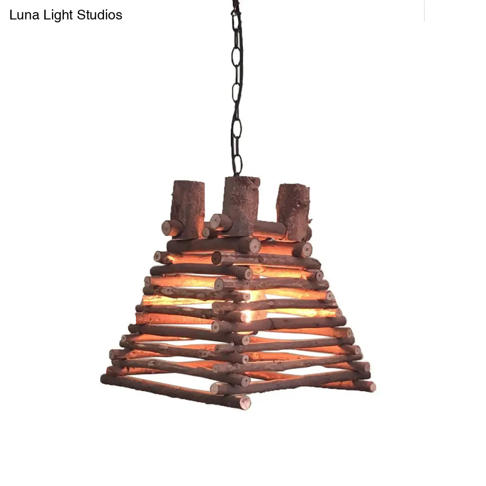 Chinese Wood Shade Hanging Light Fixture In Red-Brown Trapezoid Design
