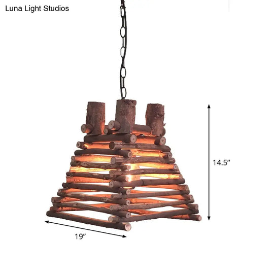 Chinese Wood Shade Hanging Light Fixture In Red-Brown Trapezoid Design