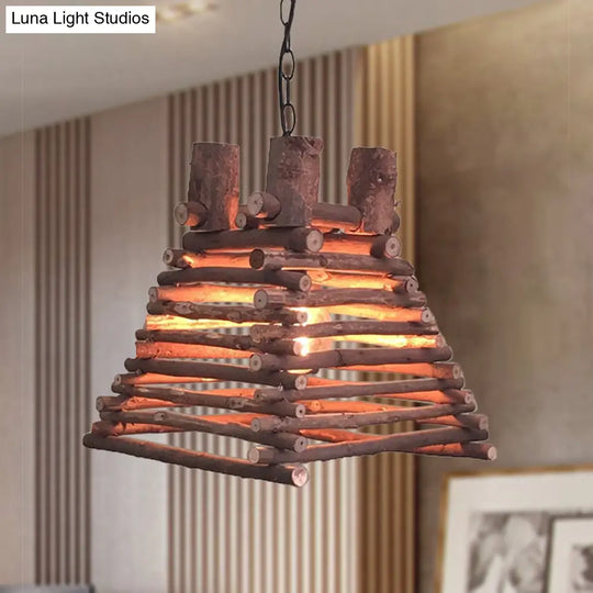 Chinese Wood Shade Hanging Light Fixture In Red-Brown Trapezoid Design