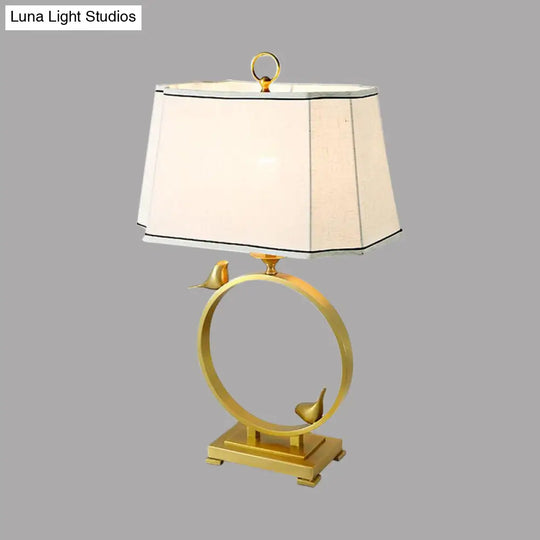 Rustic Style Fabric Brass Desk Lamp With Bird Deco - Paneled Cuboid Night Lighting