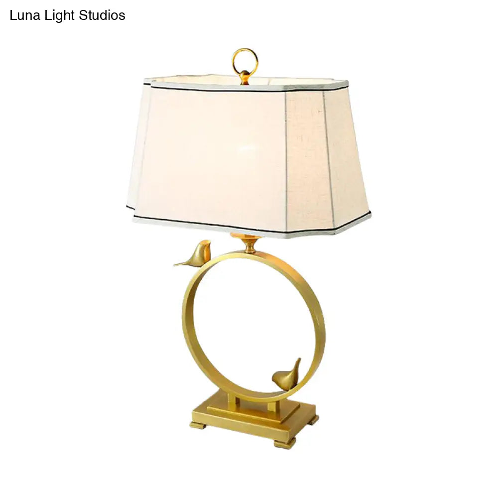 Chloé - Brass Fabric Desk Lamp Paneled Cuboid 1 Light Rustic Style Night Lighting With Bird Deco