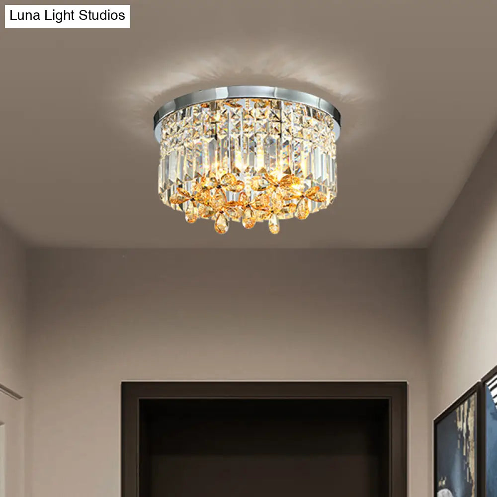 Chrome Cylinder Crystal Led Flush Light For Doorway - 10/15.5 Wide / 15.5