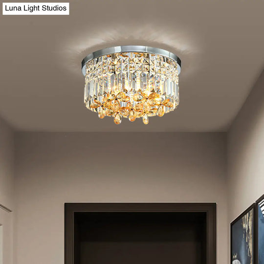 Chrome Cylinder Crystal Led Flush Light For Doorway - 10/15.5 Wide / 15.5