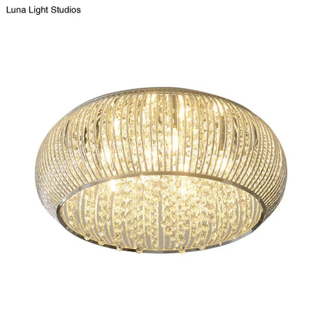 Chrome Drum Crystal Flush Mount Ceiling Light Fixture - Minimalist Design 8 Heads Beaded