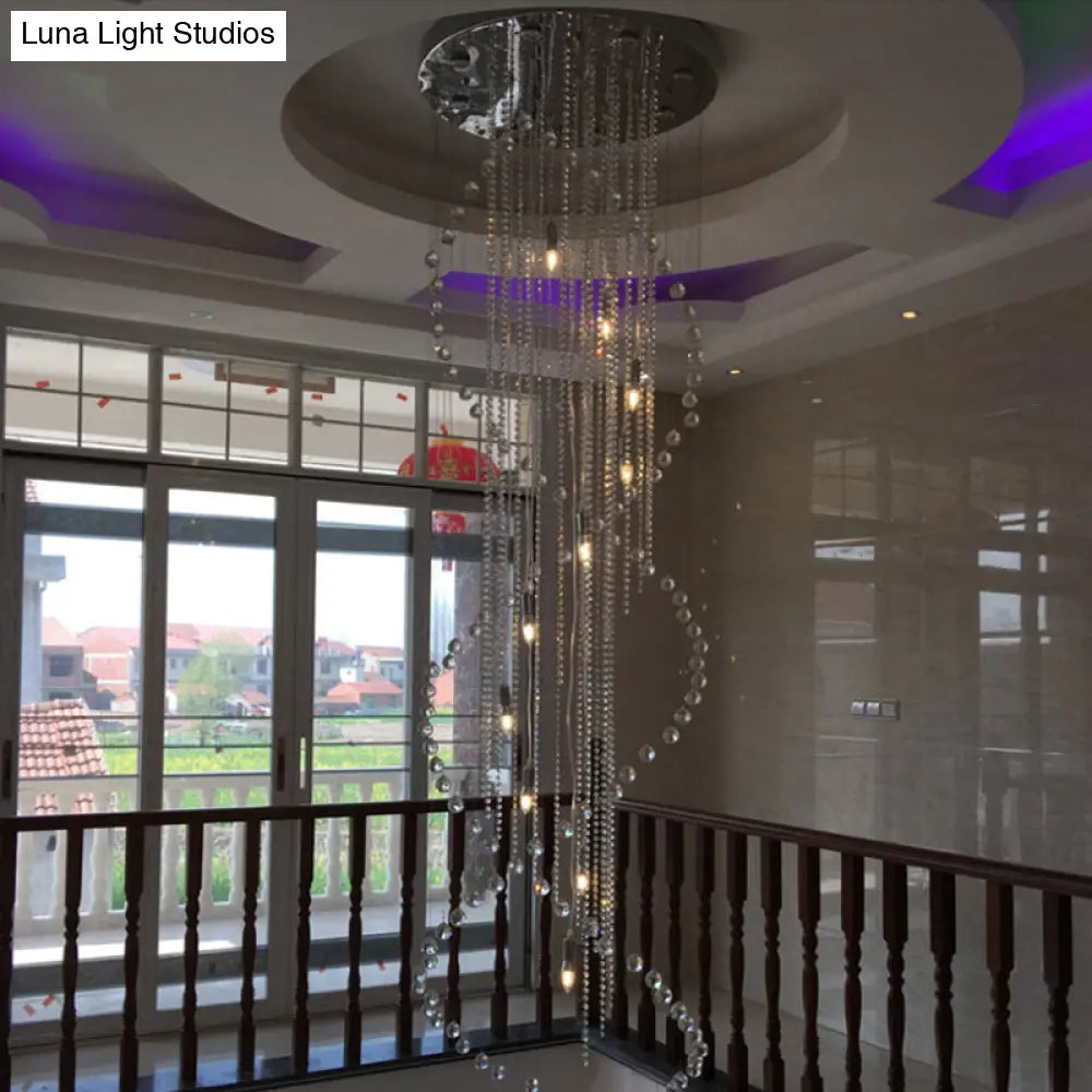 Chrome Finish Crystal Bead Spiral Waterfall Flush Mount Lamp - 5-Head Stairway Fixture