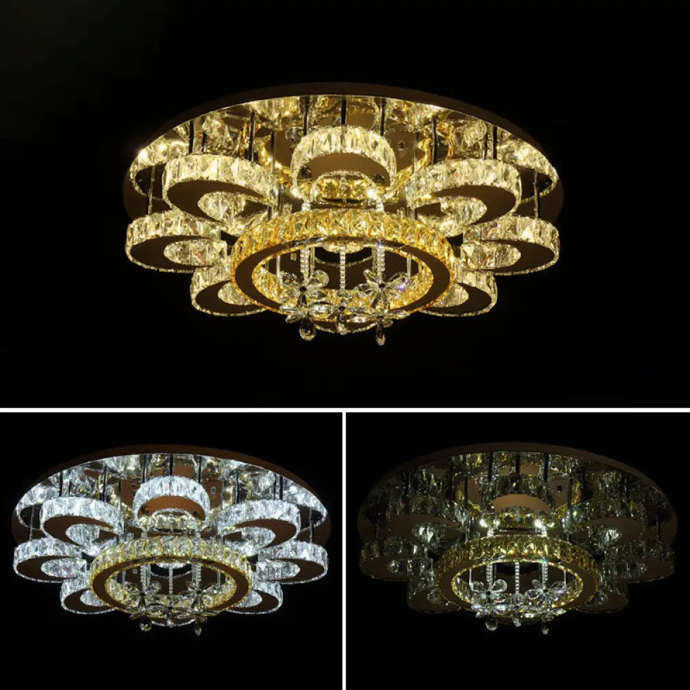 Chrome Led Flower Ceiling Light: Modern Clear Crystal Flush Fixture For Living Room / 39.5’