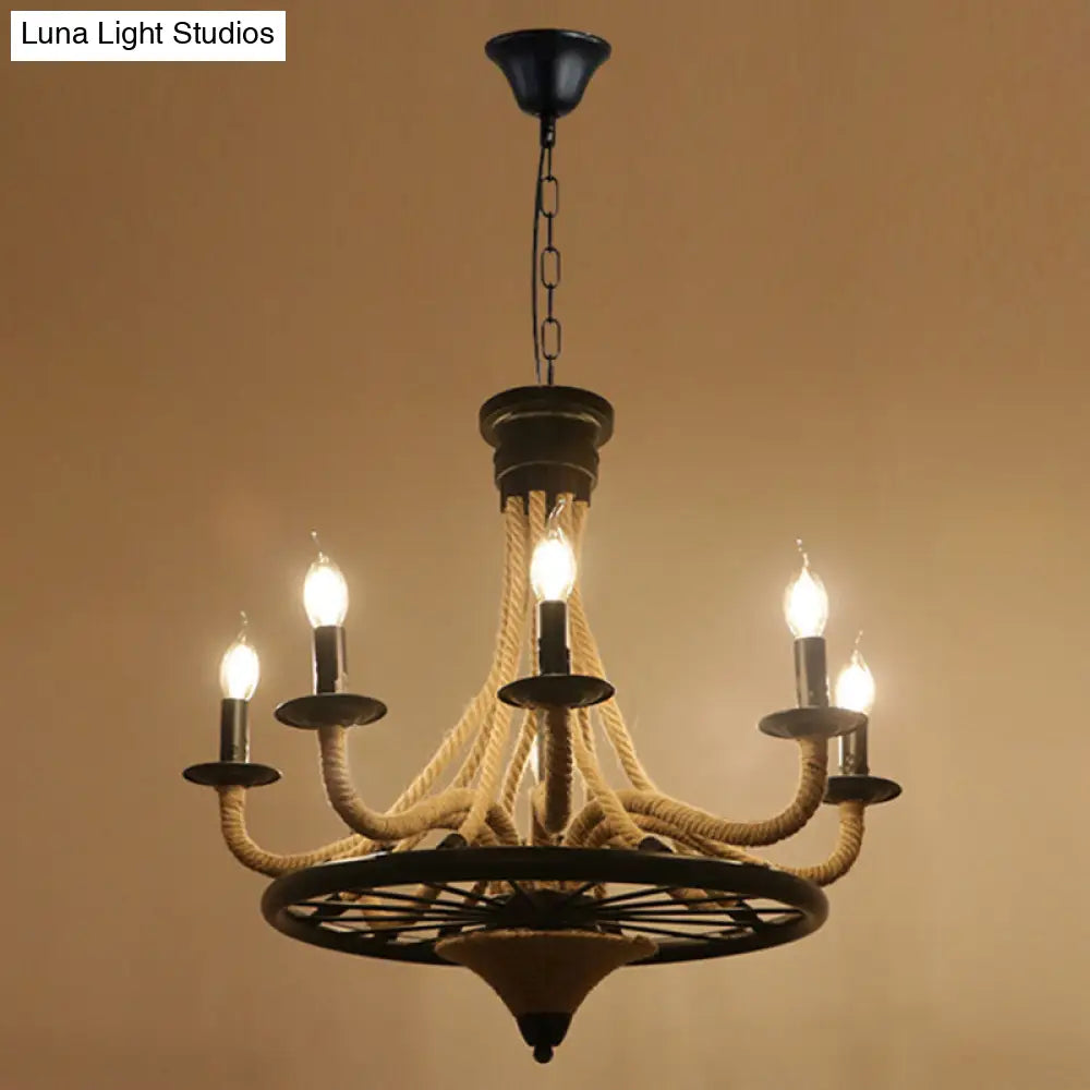 Industrial Black Hemp Rope Chandelier Light Fixture - Circular Iron Ceiling Lighting For Restaurants