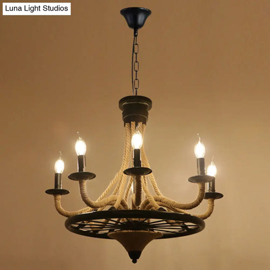 Industrial Black Hemp Rope Chandelier Light Fixture - Circular Iron Ceiling Lighting For Restaurants