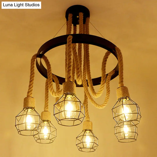 Industrial Black Hemp Rope Chandelier Light Fixture - Circular Iron Ceiling Lighting For Restaurants
