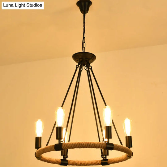 Industrial Black Hemp Rope Chandelier Light Fixture - Circular Iron Ceiling Lighting For Restaurants