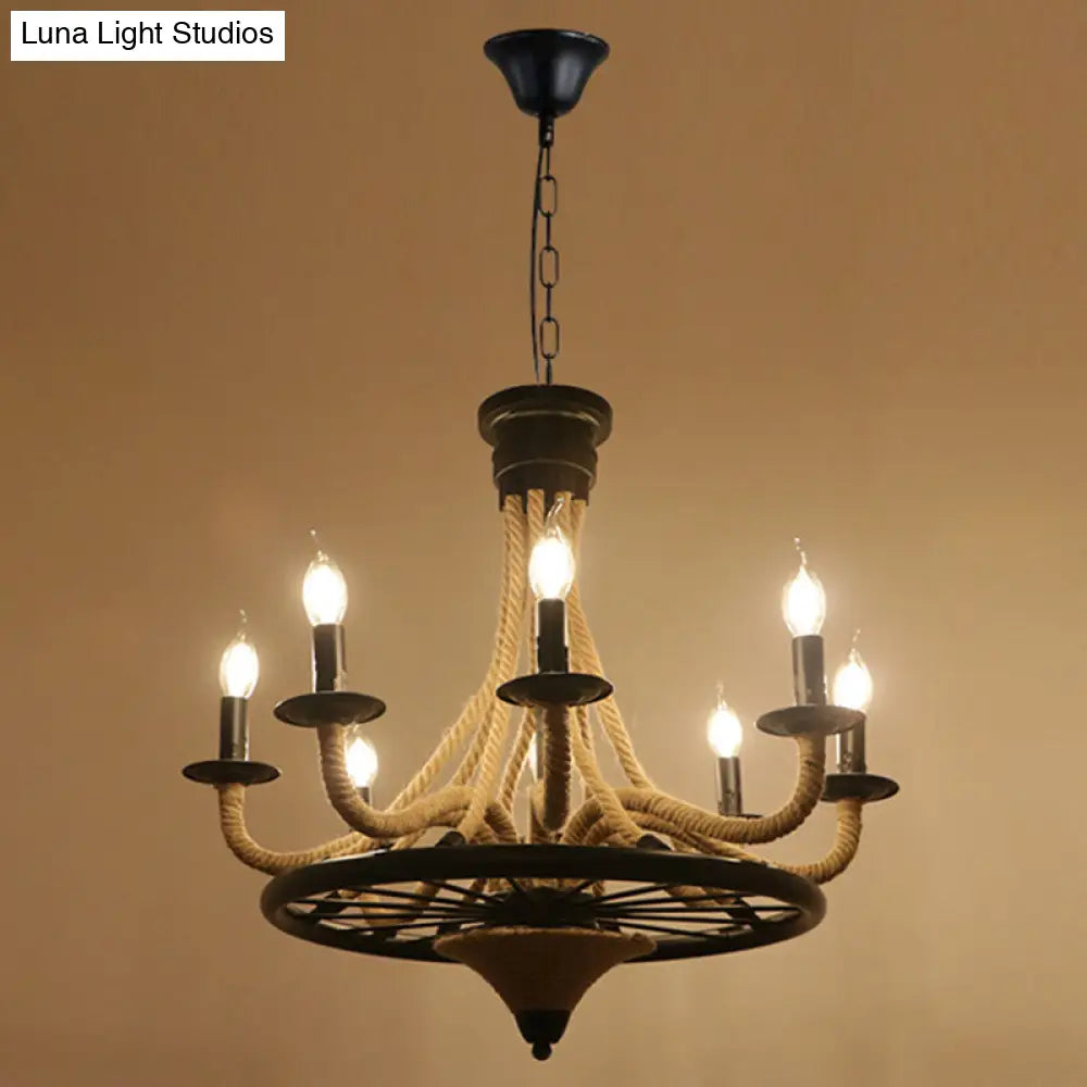 Industrial Black Hemp Rope Chandelier Light Fixture - Circular Iron Ceiling Lighting For Restaurants