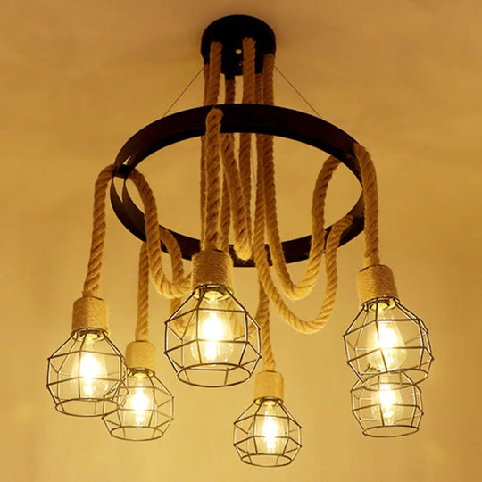 Circular Industrial Restaurant Chandelier With Hemp Rope In Black Iron Finish 6 / A