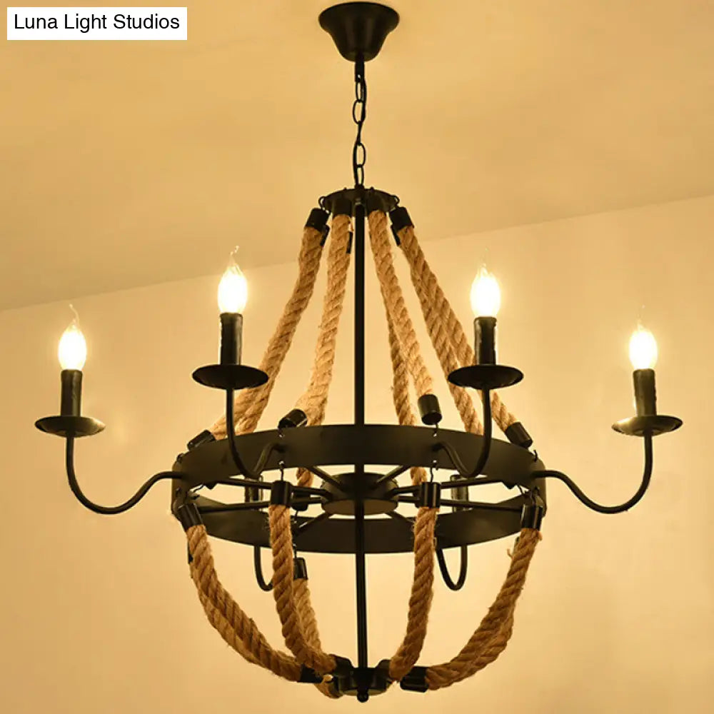 Industrial Black Hemp Rope Chandelier Light Fixture - Circular Iron Ceiling Lighting For Restaurants