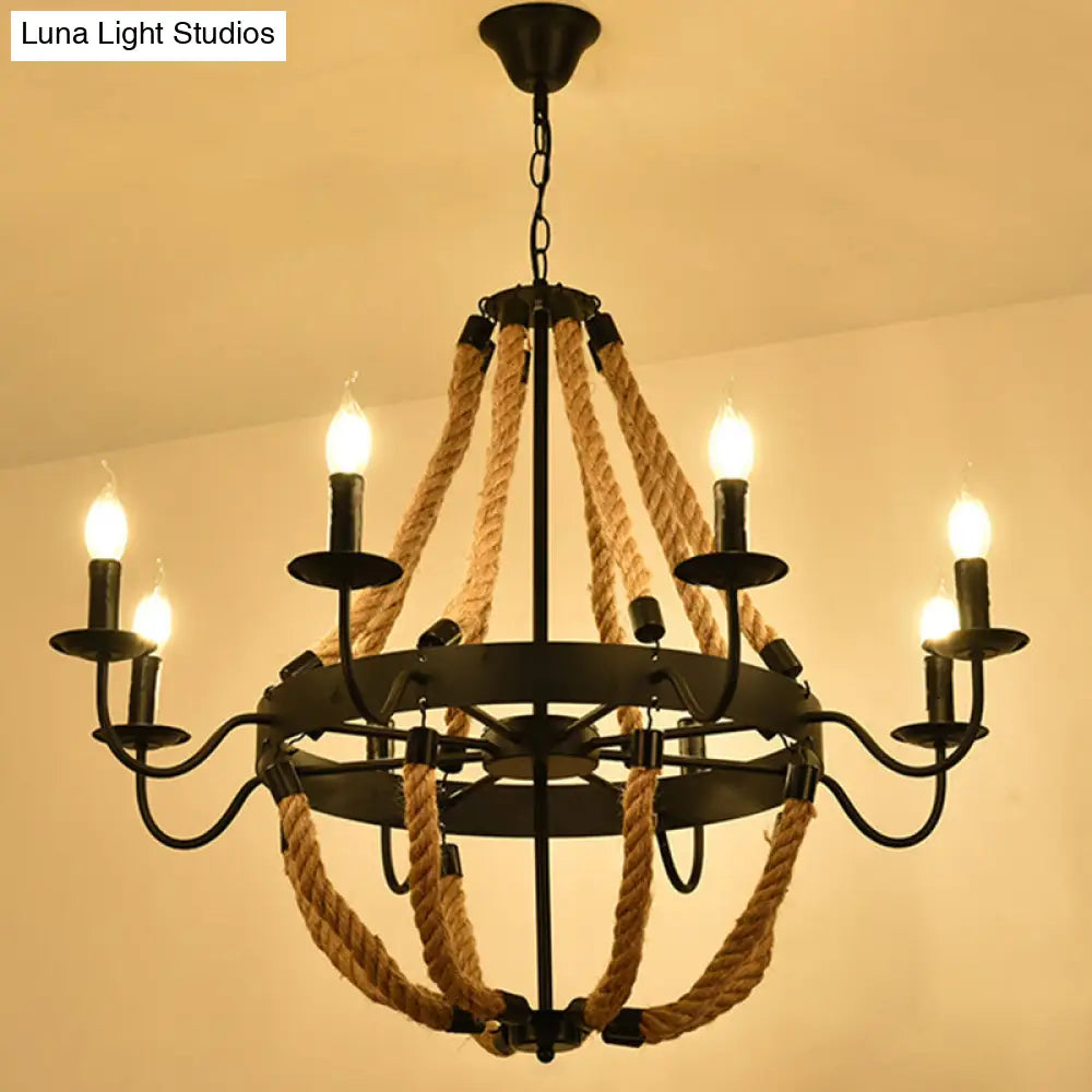Industrial Black Hemp Rope Chandelier Light Fixture - Circular Iron Ceiling Lighting For Restaurants