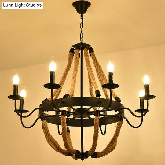 Industrial Black Hemp Rope Chandelier Light Fixture - Circular Iron Ceiling Lighting For Restaurants