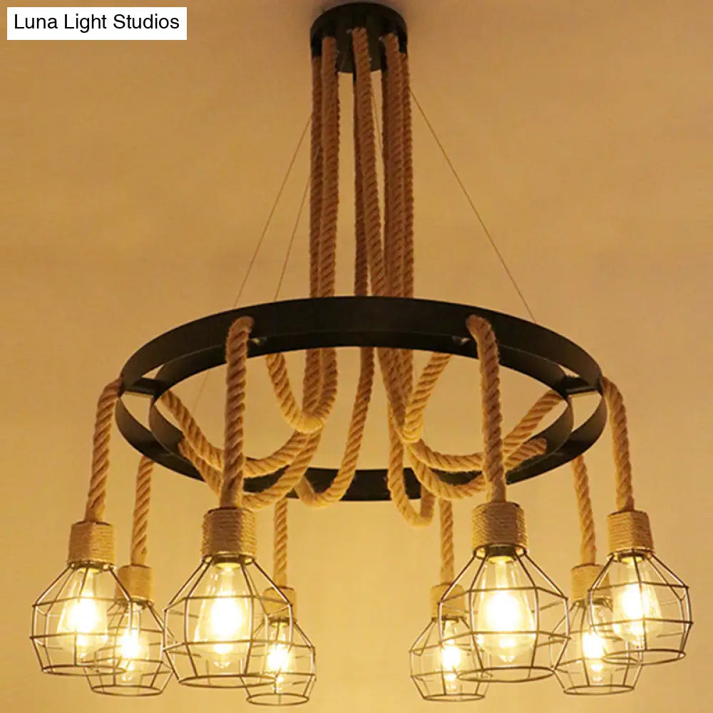 Industrial Black Hemp Rope Chandelier Light Fixture - Circular Iron Ceiling Lighting For Restaurants