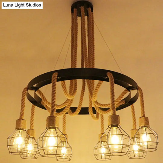 Industrial Black Hemp Rope Chandelier Light Fixture - Circular Iron Ceiling Lighting For Restaurants