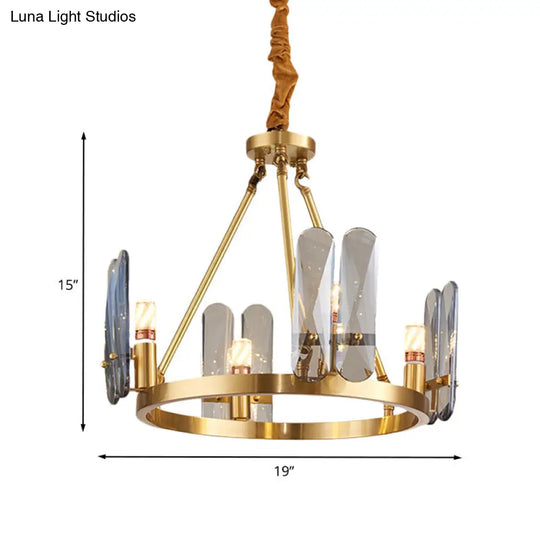 Modern Metal Brass Chandelier Pendant With 4 Circular Heads Oval Smoke Gray Crystal Panel