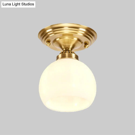 Classic 1-Light Glass Flush Mount Lamp In Brass - Globe/Cone Design For Corridor Ceiling Lighting