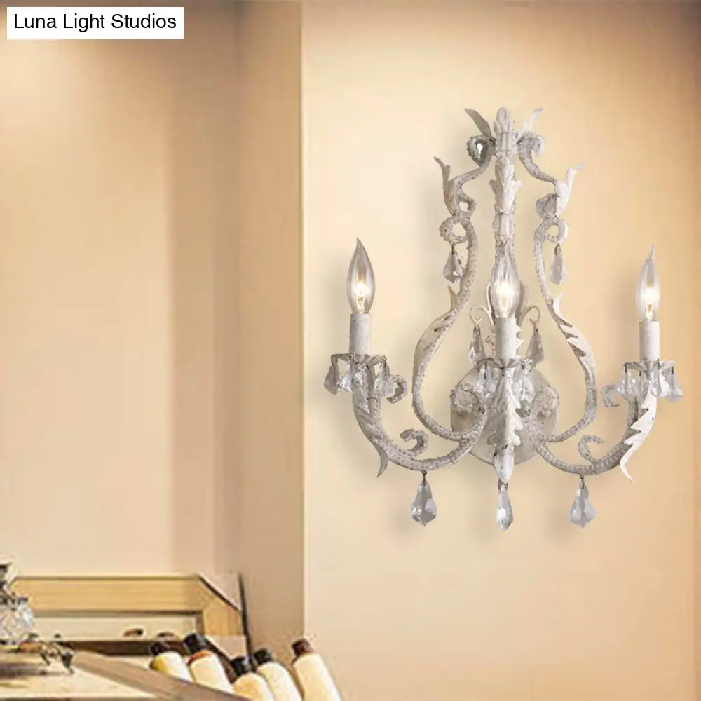Classic 3-Head Crystal Wall Sconce In Grey/Ivory - Traditional Candlestick Mount Lamp
