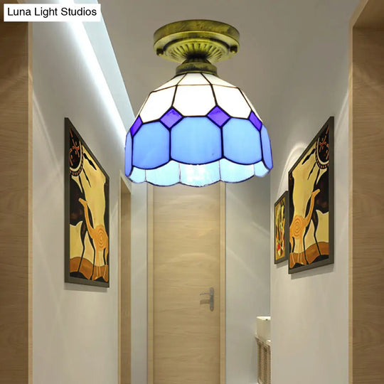 Classic Bell Shade Glass Semi Flush Ceiling Light - 1 Head Mount Blue / 8