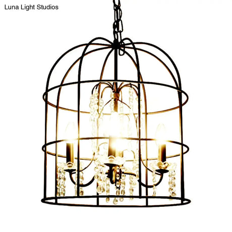 Classic Birdcage 4-Light Pendant Chandelier In Black With Crystal Draping