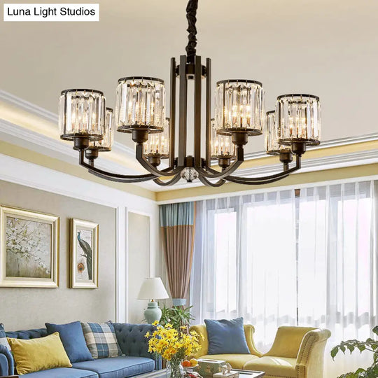 Classic Black Cylinder Pendant Light With Faceted Crystal: Elegant Living Room Chandelier