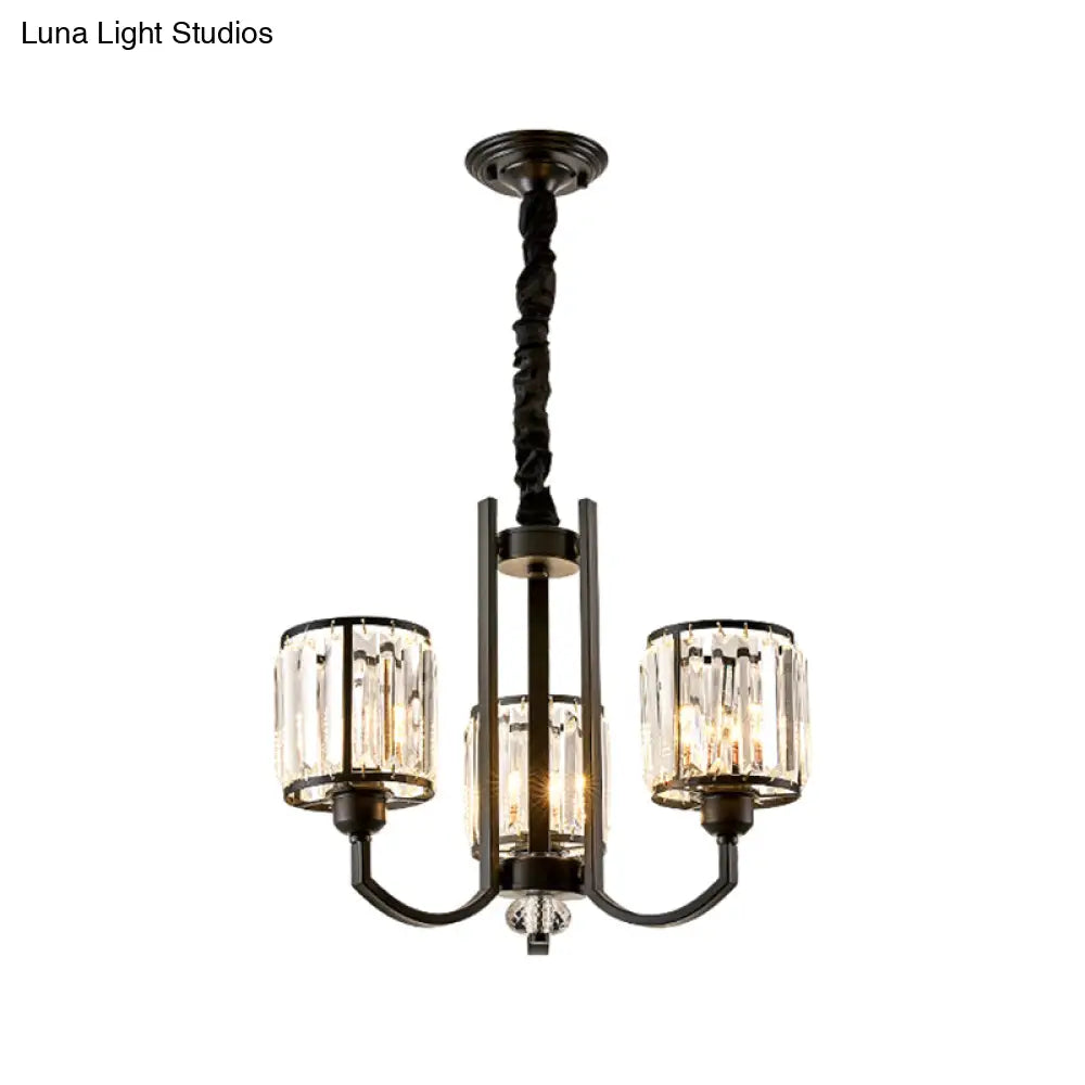 Classic Black Cylinder Pendant Light With Faceted Crystal: Elegant Living Room Chandelier