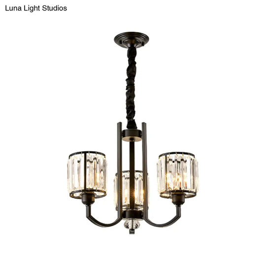 Classic Black Cylinder Pendant Light With Faceted Crystal: Elegant Living Room Chandelier