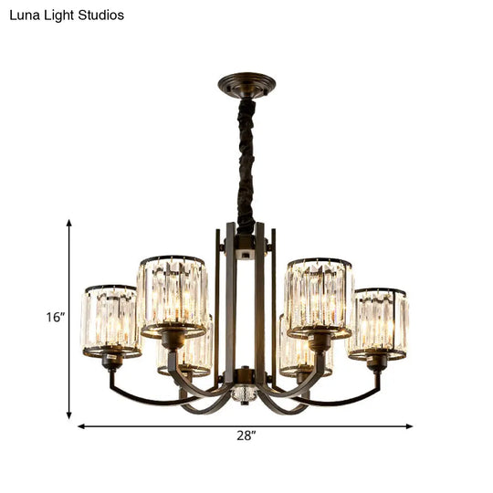 Classic Black Cylinder Pendant Light With Faceted Crystal: Elegant Living Room Chandelier