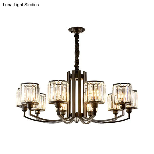 Classic Black Cylinder Pendant Light With Faceted Crystal: Elegant Living Room Chandelier