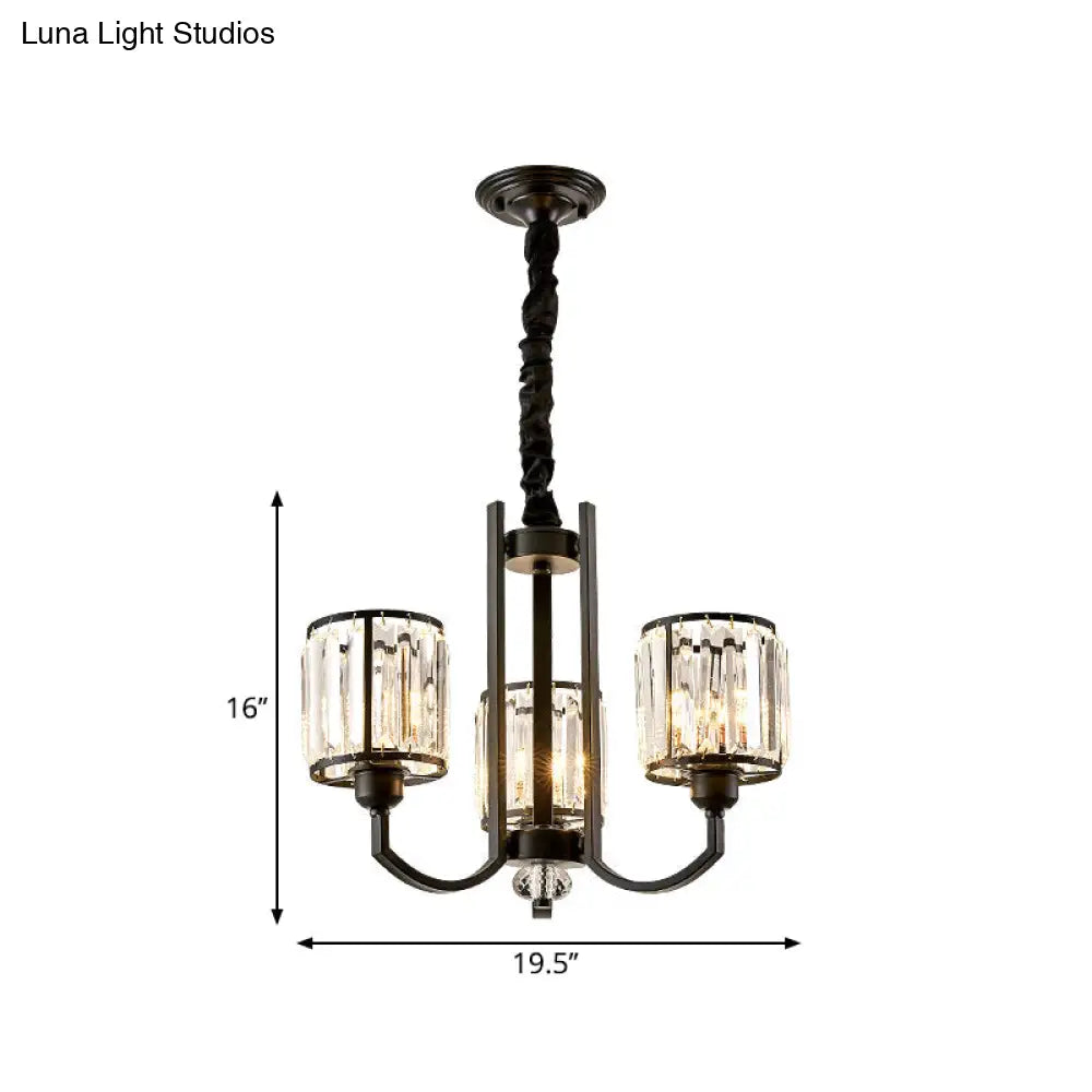 Classic Black Cylinder Pendant Light With Faceted Crystal: Elegant Living Room Chandelier