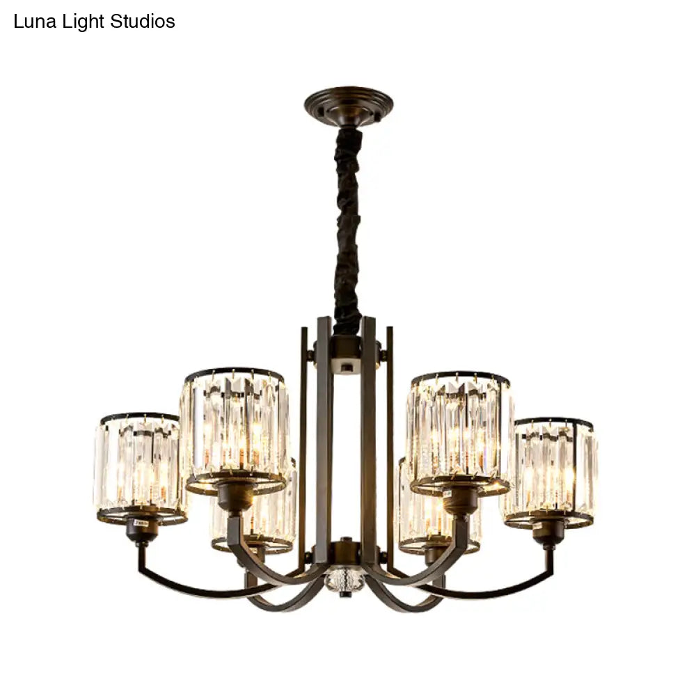 Classic Black Cylinder Pendant Light With Faceted Crystal: Elegant Living Room Chandelier