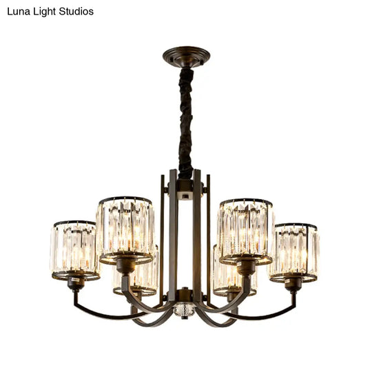 Classic Black Cylinder Pendant Light With Faceted Crystal: Elegant Living Room Chandelier