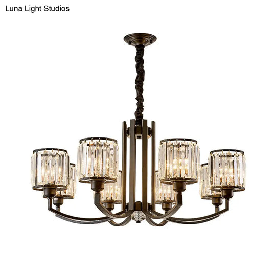 Classic Black Cylinder Pendant Light With Faceted Crystal: Elegant Living Room Chandelier