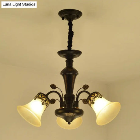 Classic Black Glass Chandelier Light For Living Room - Flared Shade Beige Pendant Ceiling