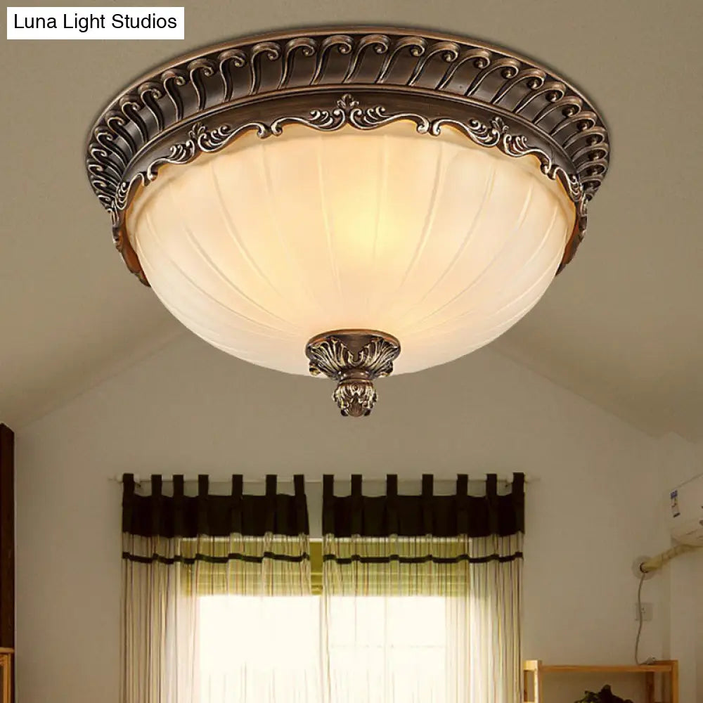 Classic Brown Ribbed Glass Dome Flush Mount Lighting Fixture - 3 Heads Ideal For Bedroom / Small