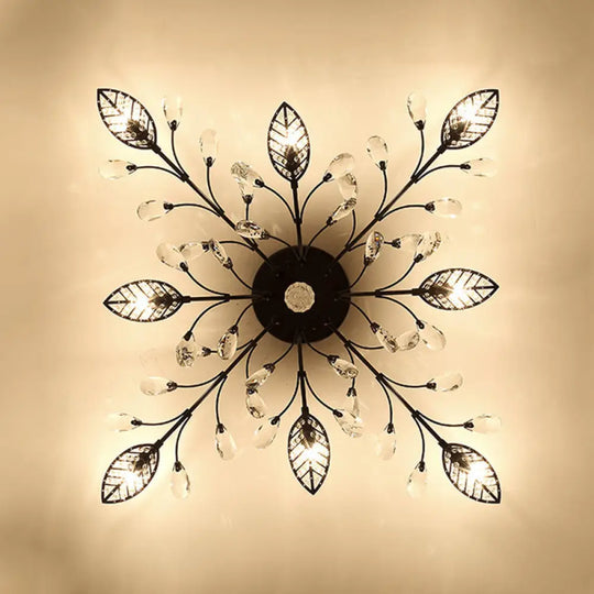 Classic Clear Crystal Led Semi-Flush Mount Ceiling Light With Leaf Design For Corridors 8 / Black