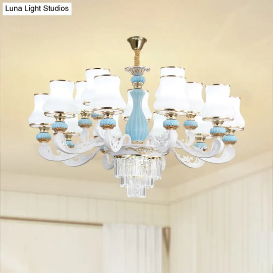 Classic Cream Glass Blue Bedroom Chandelier Light With Crystal Accents