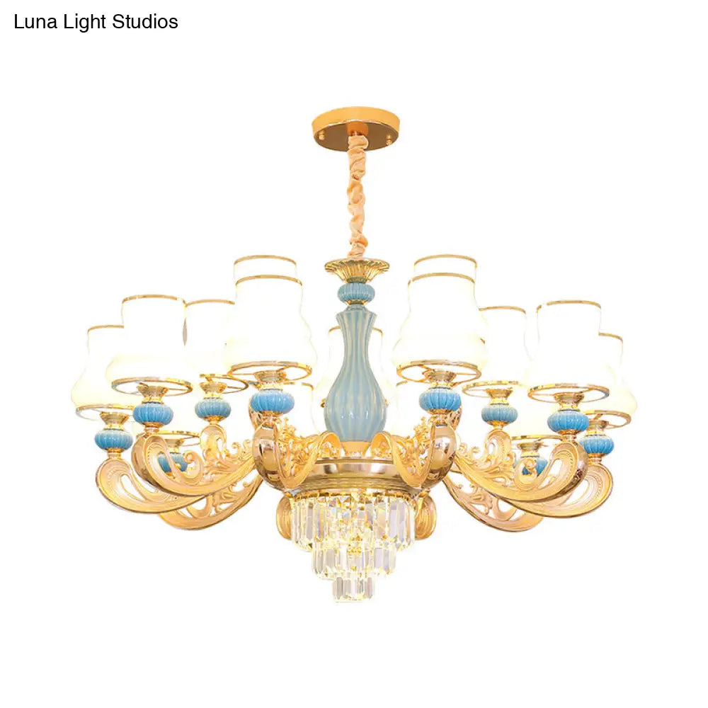 Classic Cream Glass Blue Bedroom Chandelier Light With Crystal Accents