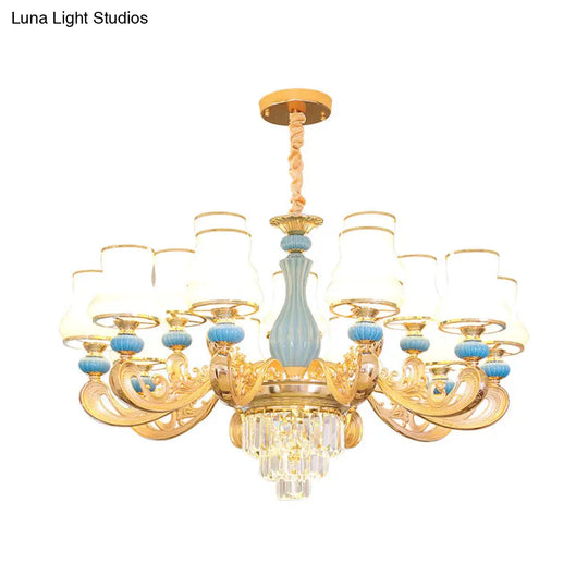 Classic Cream Glass Blue Bedroom Chandelier Light With Crystal Accents