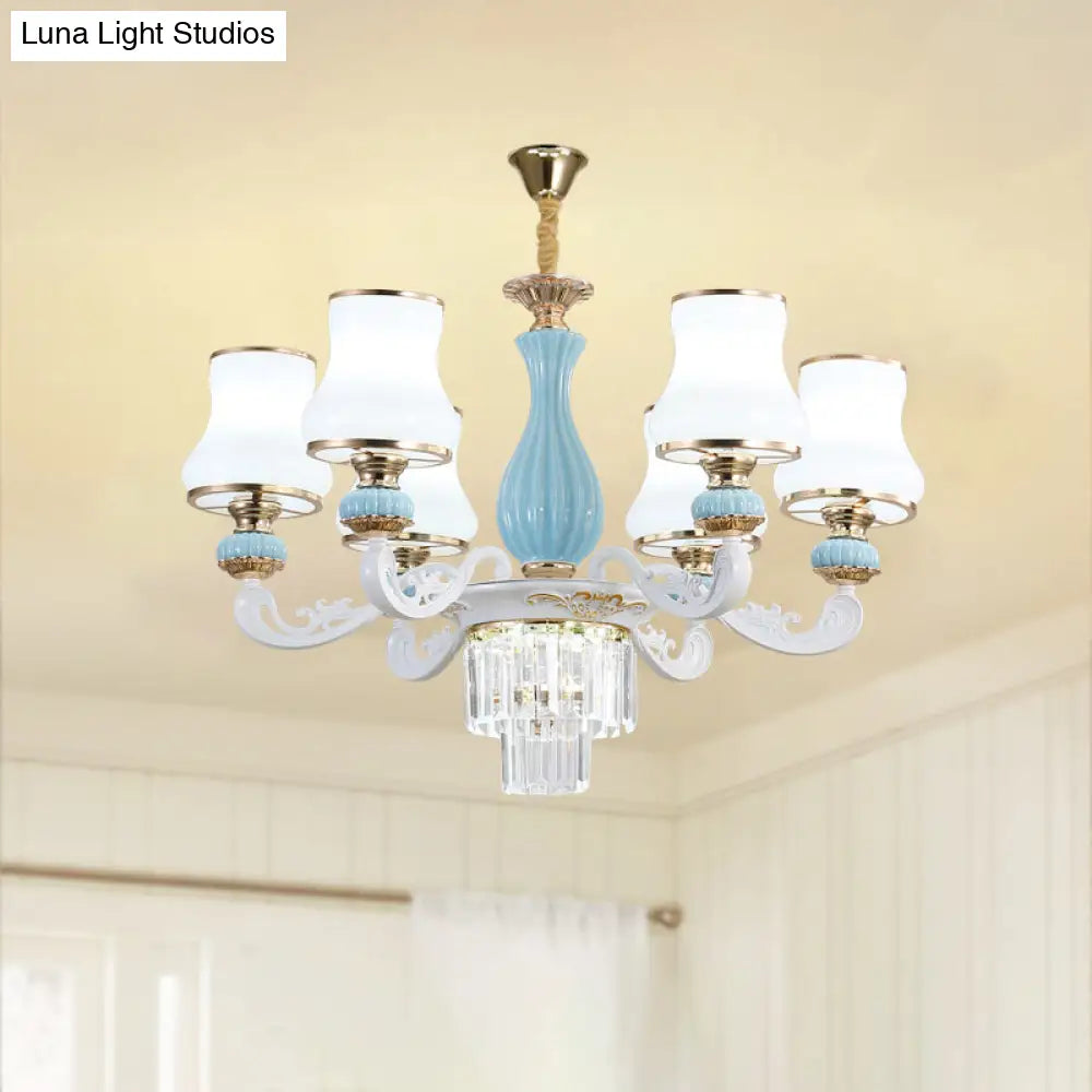 Classic Cream Glass Blue Bedroom Chandelier Light With Crystal Accents