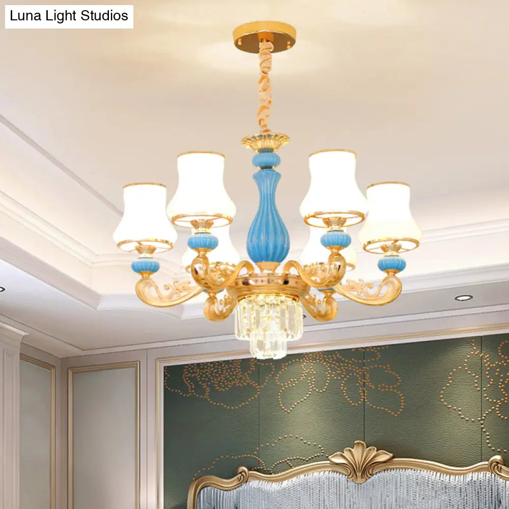 Classic Cream Glass Blue Bedroom Chandelier Light With Crystal Accents