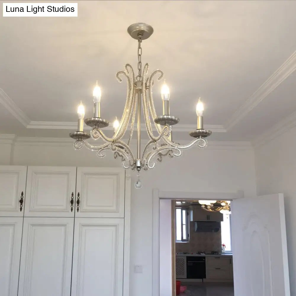 Classic Crystal Bead Pendant Chandelier - Nickel Finish 6-Bulb Ceiling Light