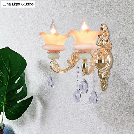 Classic Crystal Wall Light With Carved Arm And Backplate - 2 Lights Candlestick Sconce Lamp In